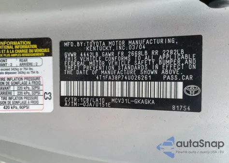 2004 Toyota Camry Solara Se z USA, uszkodzony, nr VIN 4T1FA38P74U026261